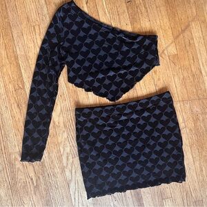 Black One-Shoulder Crop Top & Mini Skirt Velvet Set
